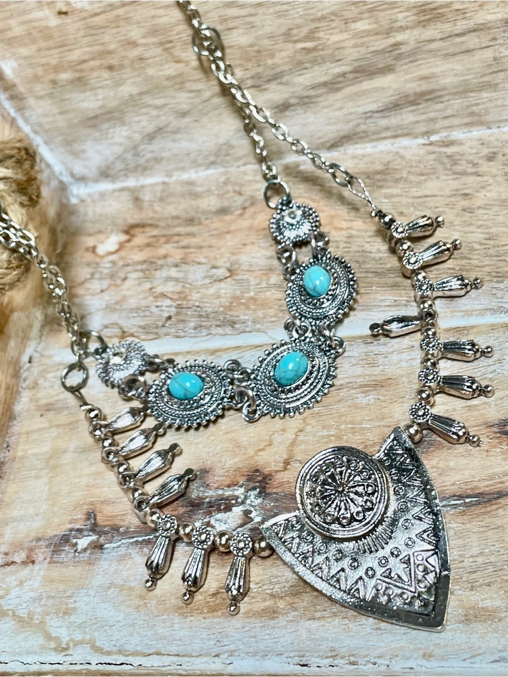 Bohemian Silver-Tone Necklace with Turquoise Accents - Women Jewelry - Picture 2 of 4